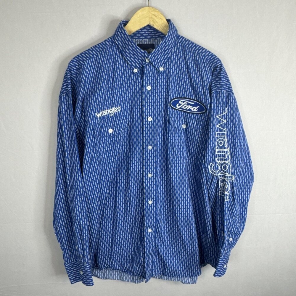 Wrangler Ford Motorsport Button Up Shirt Mens XL Blue Logo Racing Cotton - Picture 1 of 5